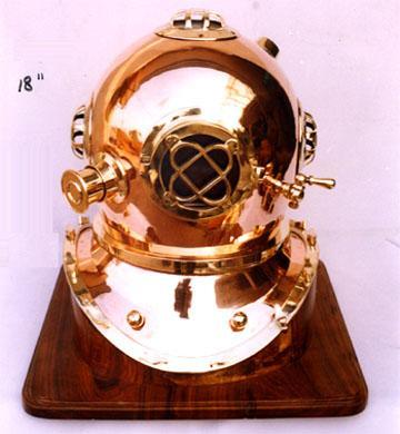 Diver's Helmet on Wooden Base.