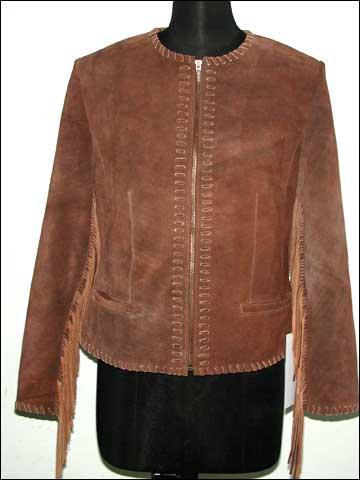 Ladies Jacket - Cow Split, Brown, S-XL | Zip Fastening, Fringe Detail, Comfortable Fit