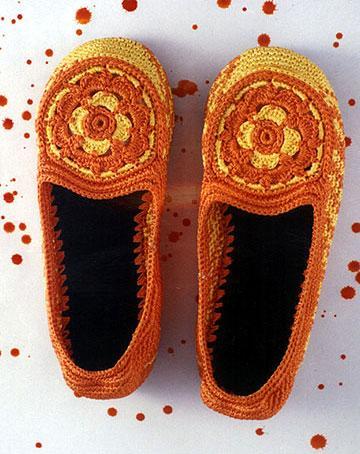 Moccasin Crochet Shoes - Rubber, Calf Leather, Rayon Silk Yarn, Orange, Elastic Closure | Comfortable, Stylish, Durable, Breathable, Lightweight, Flower Pattern