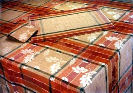Fall Assortment Table Linen (Oak Leaves Plaid) - Cotton Jacquard Tablecloth 60x34, Placemat 48x8, Orange, Elegant Durable Design