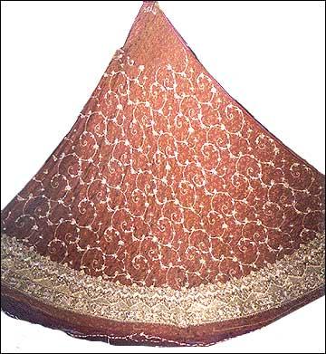 Embroidered Ghaghra - Fabric with Metallic Yarn, Brown | Hand-Embroidered, Mirror Work, Traditional Rajasthani Style