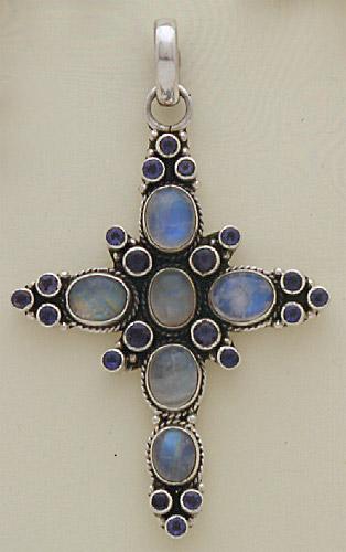 Sterling Silver Cross studded with Rainbow Moon stone & iolite stone