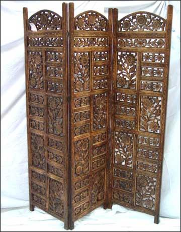 Handcrafted Furniture - Wood 60x160cm 3 Panels | Intricate Designs Hand-Carved Finish Room Divider Space Saving