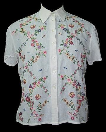 Womenswear - Cotton, Medium, White | Floral Embroidery, Button Closure, Collared, Short Sleeve, Comfortable Fit