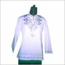Ladies Full Sleeve Top with Embroidery - Cotton, S-XL, White | Elegant Floral Embroidery, Mandarin Neckline, Comfortable Fit