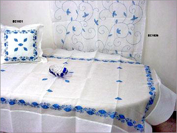 Organdi Embroidered Tablecloth, Cushion and Curtain - Organza, Variable Dimensions, White, Blue Thread | Hand Embroidered, Elegant Design, Durable Fabric, Versatile Use