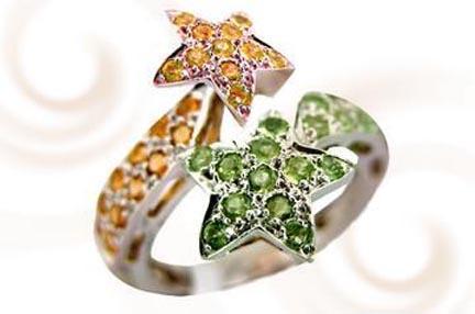 Bright Citrine and Radiant Peridot forming a Starshaped Sterling Silver Ring