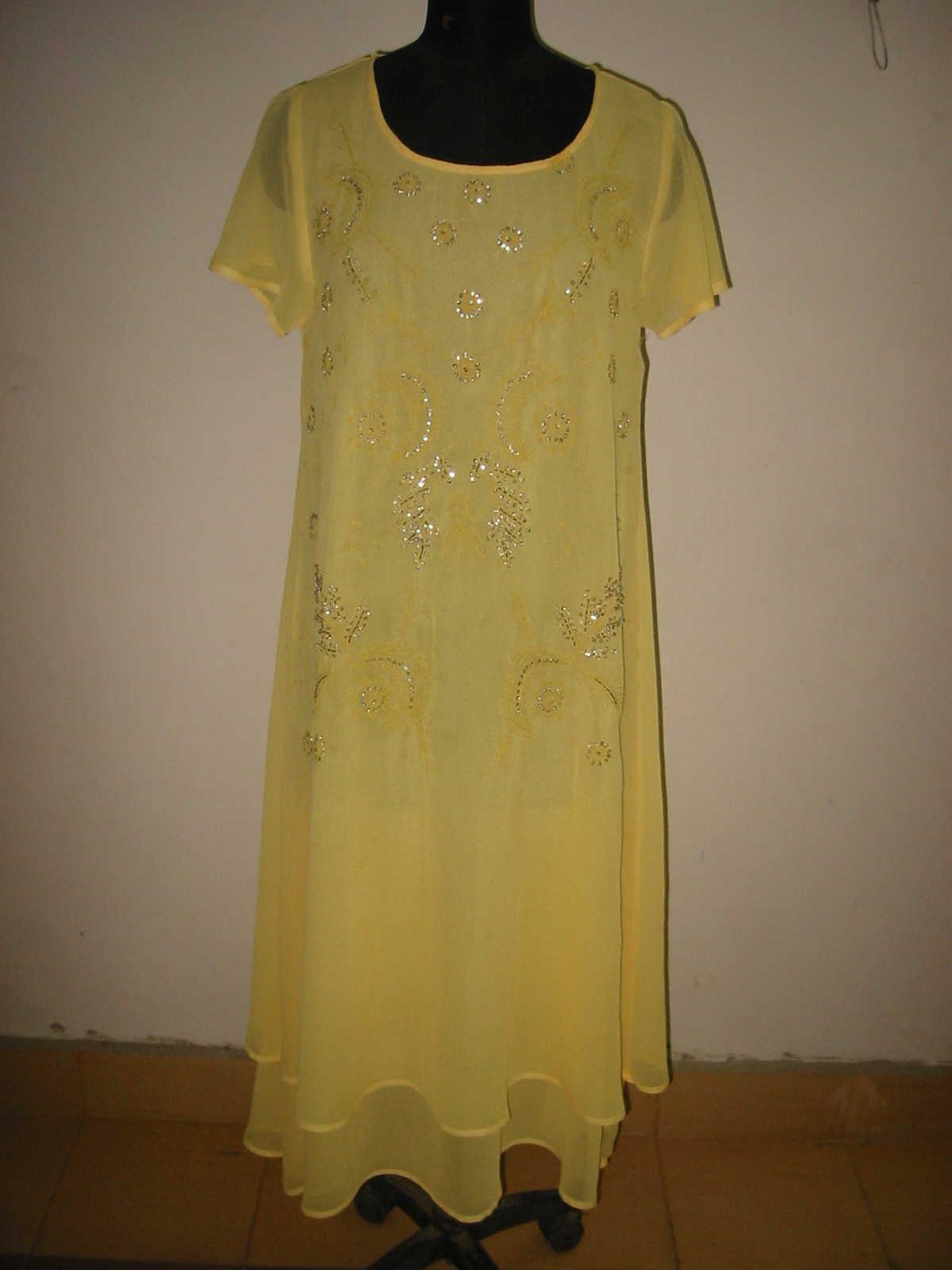 Emb. Double Dress with Bead Work - Poly Georgette Yellow Midi | Elegant Design Soft Fabric Comfortable Fit