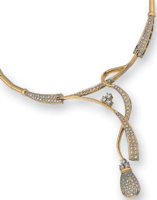 Necklace in 750 Yellow and White Gold - 3.63 Ct. Brilliant Cut and Baguette Diamonds, 16-18 Inch, Spring Ring Clasp | Luxury, Elegant, Prestige