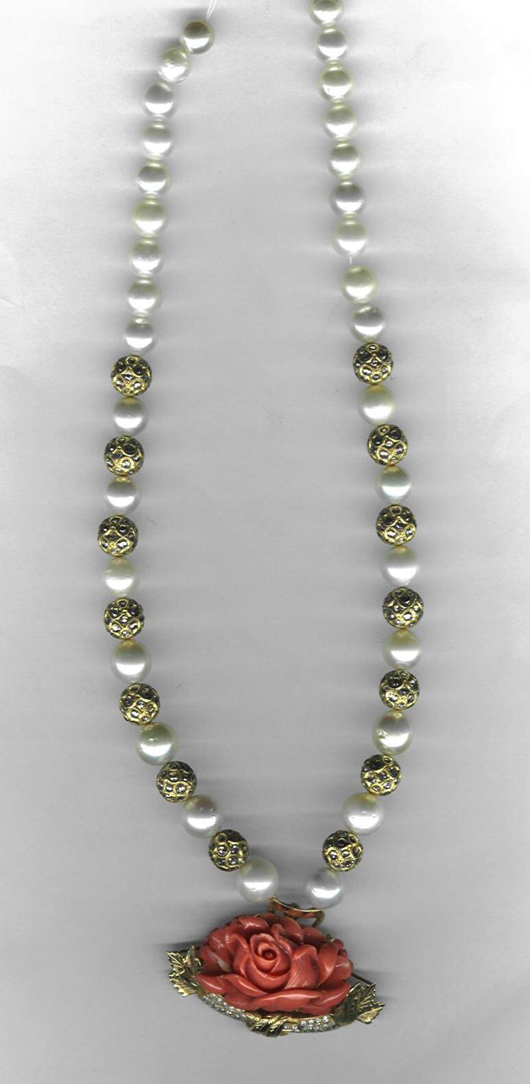 Coral With Gold & Diamond Balls - Coral, Gold & Diamond, 15x12 mm Pendant, 16 Inch White Bead Chain, Elegant Durable Design