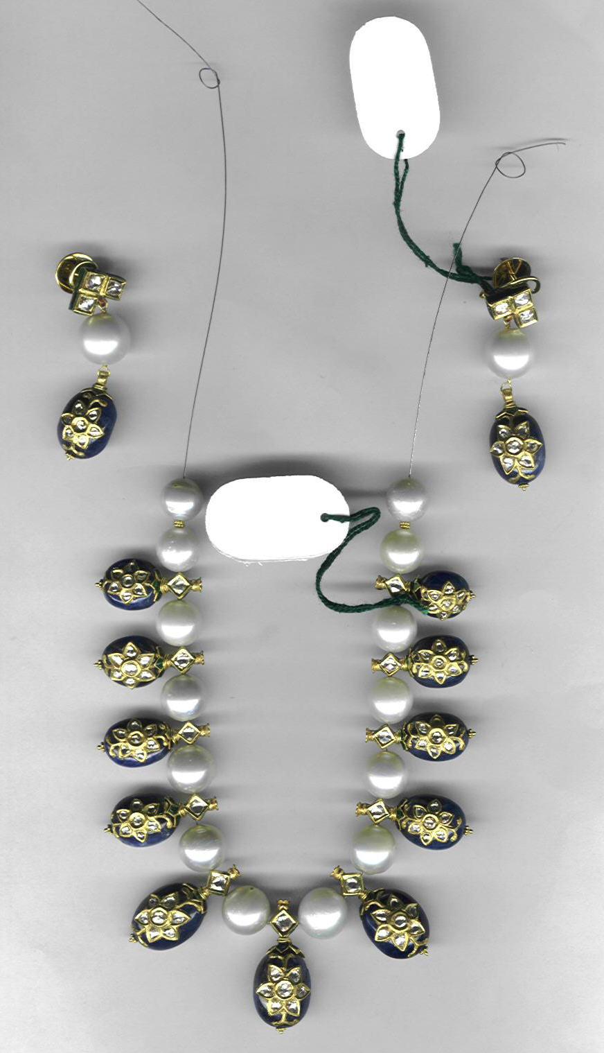 Blue Sapphire With Diamonds - Gold, 16-18 Inch Necklace, White Pearl | Elegant Drop Earrings, Luxury Design, Stunning Look