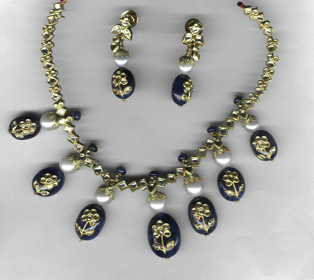 Blue SapphireWith Diamonds - Gold-Plated Drop Earrings, 16-18 Inch Necklace, Elegant Design, Matching Set