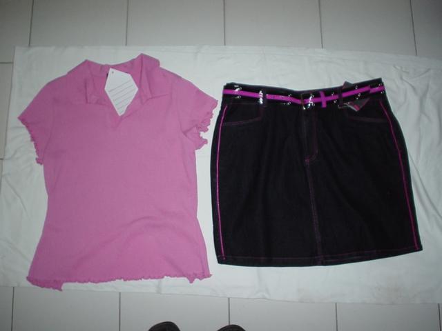 Ployester Knit Puckering Top with Denim Mini Skirt and Embellished Belt - Polyester Knit Pink Denim Mini Stylish Design Comfortable Fit
