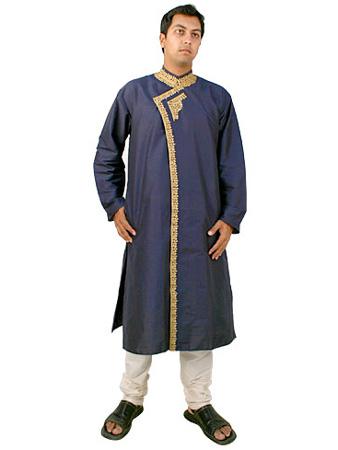 Sherwani - Silk Blend, 45 Inches, Navy Blue | Gold Thread Embroidery, Elegant Design, Comfortable Fit