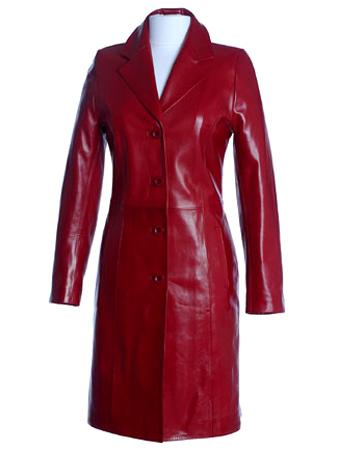 Ladies Overcoat - Leather, S-XL, Red | Button Closure, Warmth, Style, Protection, Comfort, Durability, Knee-Length, Polyester Lining