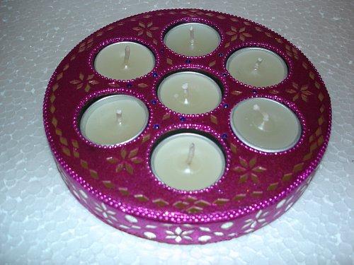 Decorative T.LT Holder - Wood, 10 Inch Diameter, Purple | Elegant Design, Seven Candle Slots, Hand-Painted Finish