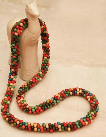 Rainbow hued wooden bead necklace