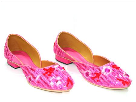 Designer Footwear - PVC Rexine Varied Sizes Pink | Embroidered Stylish Comfortable Durable Elegant Handcrafted Low Heel Flat Sole Lightweight