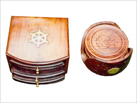 Sheesham Wood Coaster Set - 3" Round, Brass Inlay & Carved, Natural Finish, Handcrafted Durable Wood