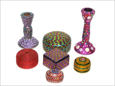 lac and mirror work candle stand and jewellery box