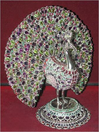 Peacock In Silver Studded With Assorted Real Stones - Silver, Polished Finish, Elegant Ornamental Home Décor Piece
