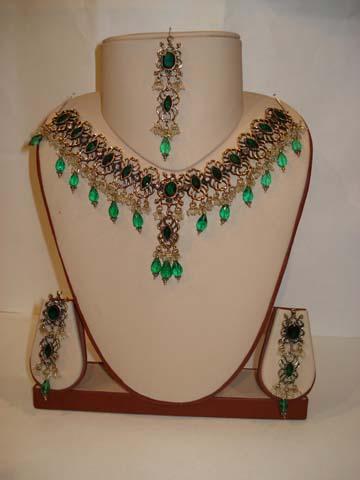 Necklace Set - Metal With Imitation Stones, 16 Inches, Green | Elegant Design, Danglers, Matching Set, Occasional Wear, Attractive Look