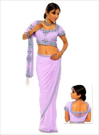 Saree - Georgette 5.5 Meters Lavender with Attached Blouse | Floral Embroidery Elegant Design Soft Fabric Comfortable Fit
