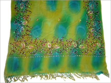 Stoles - Pashmina Wool 70x200 cm Green, Floral Embroidery, Soft Texture, Fringe Finish