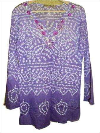 Readymade Garments - Cotton, Medium, Purple, 26 Inches | Stylish Design, Soft Fabric, Comfortable Fit, Durable Material, Bandhani Pattern, V-Neck, 3/4 Sleeves