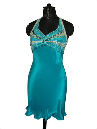 Ladies Designer One Piece Dress - Silk, Mini, Teal | Beading, Halter Neckline, Elegant Design, Comfortable Fit