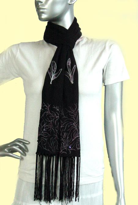 Stole With Brush Print & Aari Work - Silk Blend 50x170 cm, Black | Aari Embroidery, Brush Print, Soft Material, Fringes, Custom Colors