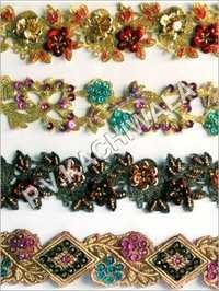 Sequin Laces - Cotton, One Sided , Multi Color With Embroidered Patterns And Decorative Beads