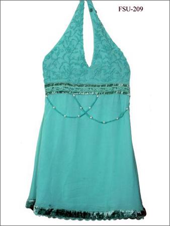 Women's Wear - Silk Georgette Halter Neck Suit, Hand Embroidery, Bead Embellishment, Velvet & Lace Trim