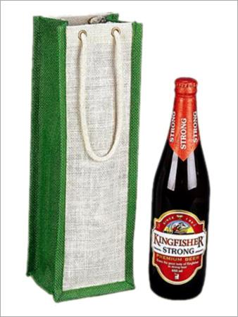 Off White & Green Jute Wine Bag For 1 Bottle