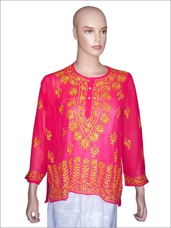 Kurtis - Cotton, 28 Inches Length, Pink Color, Round Neck, 3/4 Sleeve | Elegant Look, Lightweight, Comfortable Fit, Floral Embroidery, Trendy Pattern
