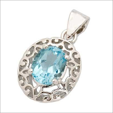 Sky Blue Topaz Gem Stones Carved Silver Pendant