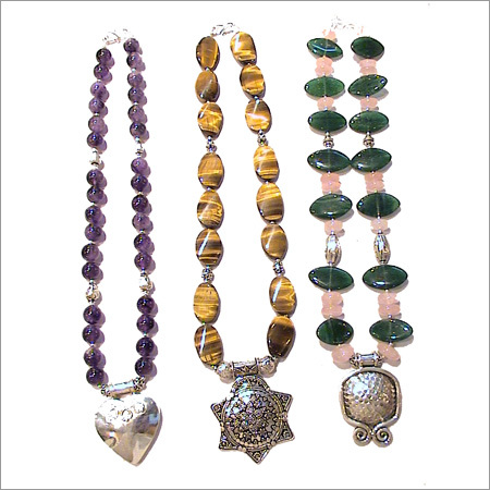 Precious Stone Necklace with Metal Pendant