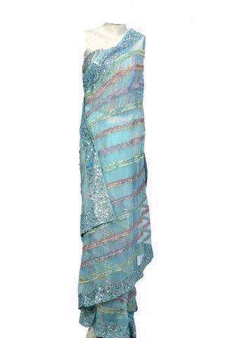 Frayed Look Saree - Nylon Mesh Fabric Silk Trimmings Handwork Embellishment Corset Blouse Sequin Detailing
