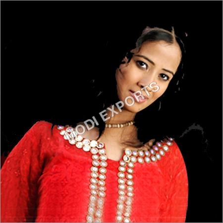 Fancy Ladies Kurti - Cotton, 45 Inches Length, Red, A-line Style with 3/4 Sleeves | Comfortable Fit, Elegant Look, Bead Embellishments, Versatile Style