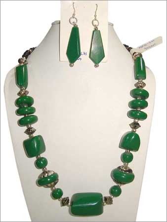 NGF - 271 Green - Resin Metal Necklace 18 Inches, Green Beads, 2 Inch Earrings | Elegant Durable Stylish Accessory