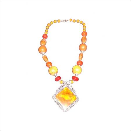 Ethinic Necklace - Glass Beads 18 Inches, Orange | Beaded Design, Rhombus Pendant, Spring Ring Clasp