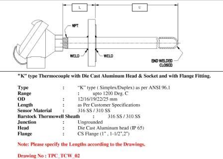 Thermocouple with Head & Flange Fitting