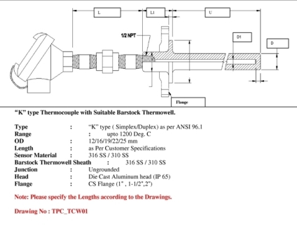 Thermocouple with Barstock Thermowell