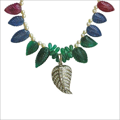 Emerald,Ruby & Blue Sapphire Carved Leaves