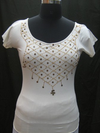 Ladies T Shirt - Cotton Blend, S-XL, Off-White | Slim Fit, Scoop Neck, Sequins Embellishments