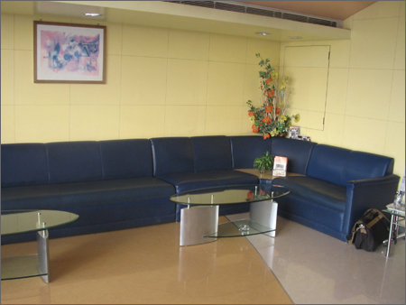 Front Office Of Hotel - Leather and Glass, 20-40 sqm, Blue | Wheelchair-Friendly, Spacious Seating, Elegant Design, Professional Service