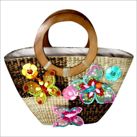 Fashion Bags - Jute, 12x10x5 Inches, Brown | Spacious, Lightweight, Wooden Handle, Embroidered Flowers