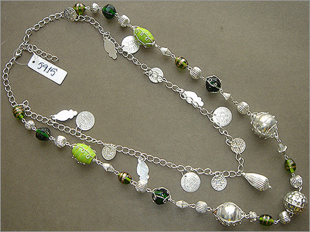 Chain Necklace - Silver Plated Metal, 18-20 Inches, Light & Dark Green Glass Beads | Nickel-Free, Adjustable Lobster Clasp, Elegant Design
