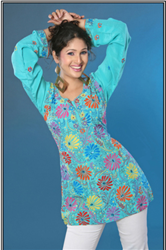 Full Sleeve Kurti - Pure Georgette, Firoji | Elegant Floral Print, V-Neck, Comfortable Fit