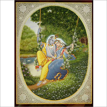 Radha Krishna Miniature Painting - Water Color on Synthetic Plastic, 9x12 Inches, Handmade Religious Art Theme, Love Finishing